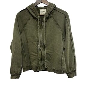 Lucky Brand Sweatshirt Womens L Olive Green Distressed Zip Front Hooded Boxy